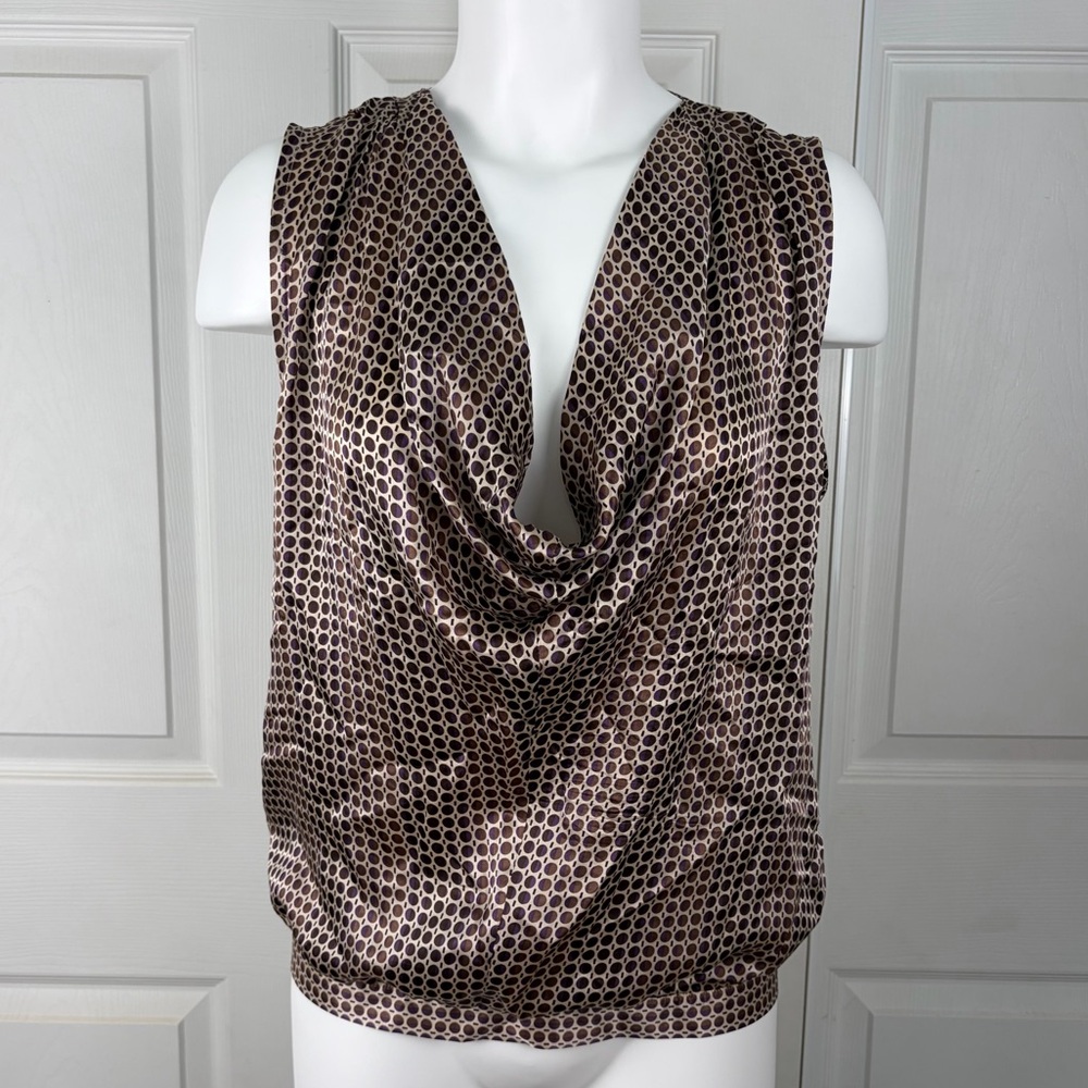 Sisley Geometric Split-Dot Drape Neck Silk Blouse